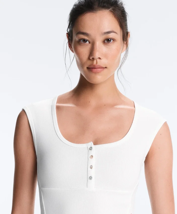 Sleeveless Rib T-Shirt with Cotton and Modal Buttons Sleeveless Rib T-Shirt with Cotton and Modal Buttons