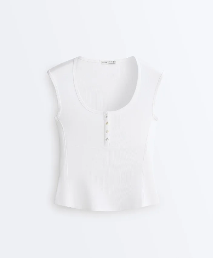Sleeveless Rib T-Shirt with Cotton and Modal Buttons Sleeveless Rib T-Shirt with Cotton and Modal Buttons