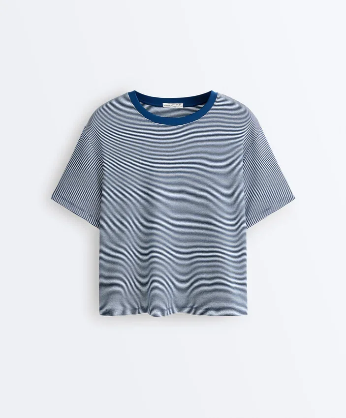 Striped Boxy Short Sleeve Cotton Blend T-Shirt Striped Boxy Short Sleeve Cotton Blend T-Shirt