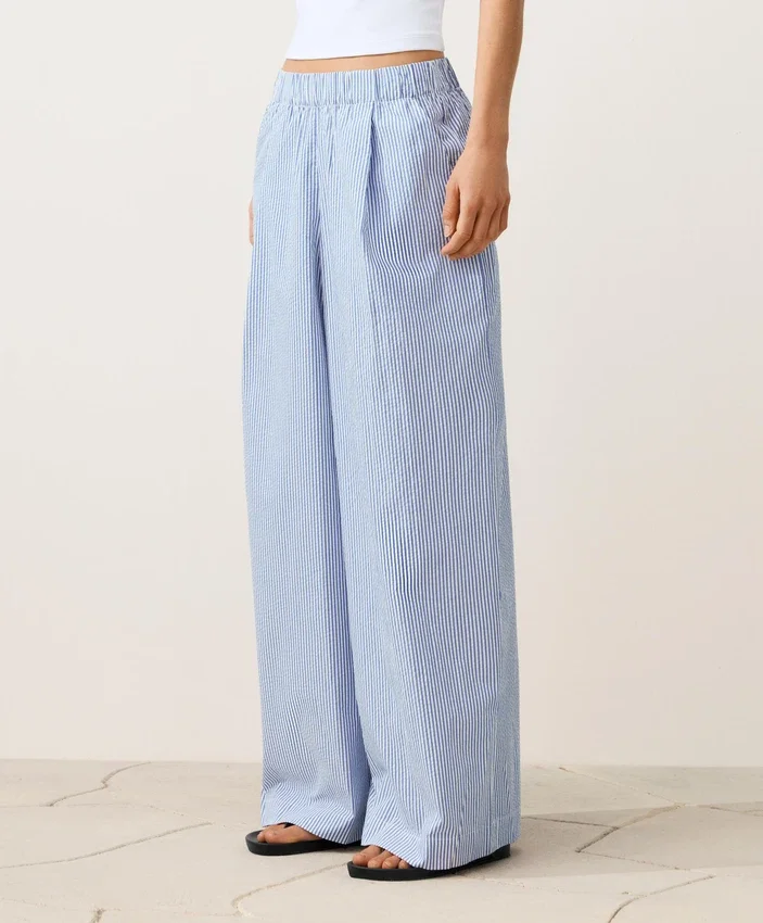 Wide-Leg Cotton Blend Striped Trousers Wide-Leg Cotton Blend Striped Trousers