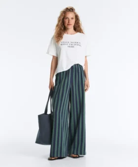 Wide-Leg Cotton Blend Striped Trousers